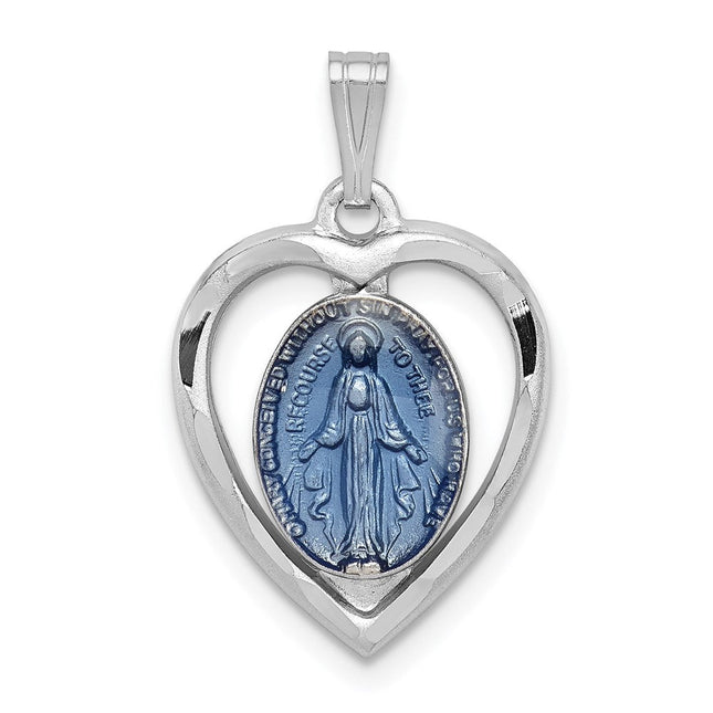 Sterling Silver Platinum-plated Miraculous Heart Medal, 23 x 14mm