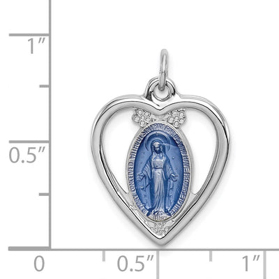 Sterling Silver Platinum-plated Miraculous Heart Medal, 23 x 16mm
