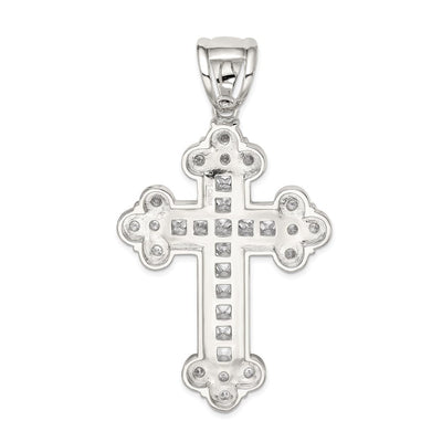Sterling Silver Rhodium-plated CZ Budded Cross Pendant, 74 x 41mm