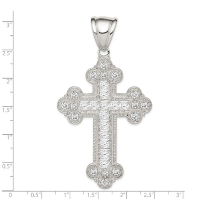 Sterling Silver Rhodium-plated CZ Budded Cross Pendant, 74 x 41mm
