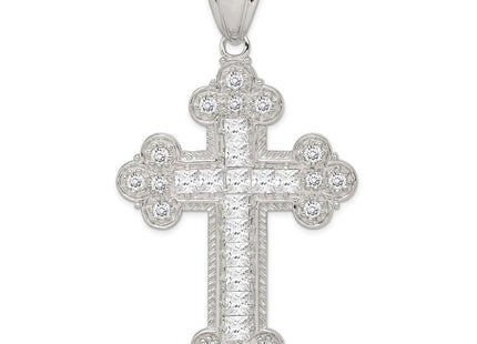 Sterling Silver Rhodium-plated CZ Budded Cross Pendant (Style QC5329)