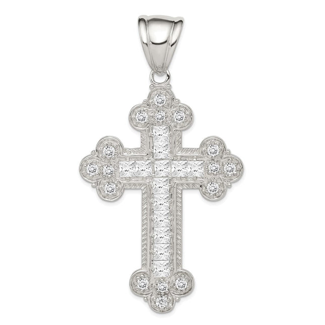 Sterling Silver Rhodium-plated CZ Budded Cross Pendant, 74 x 41mm
