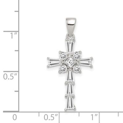 Sterling Silver Rhodium-plated CZ Latin Cross Pendant, 29 x 14mm