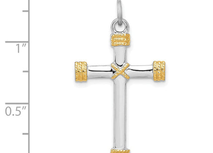 Sterling Silver Platinum-plated & 18k Gold-plated Rope Cross Pendant (Style QC5386)