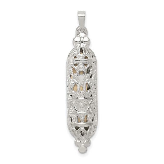 Sterling Silver Fancy Mezuzah Pendant, 37 x 10mm