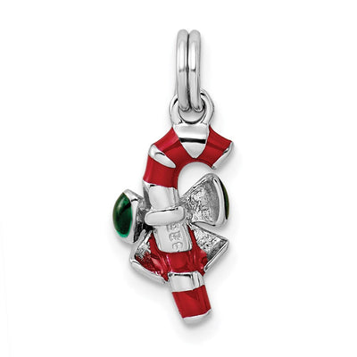 Sterling Silver Rhodium-platedEnamel Candy Cane Charm, 22 x 8mm