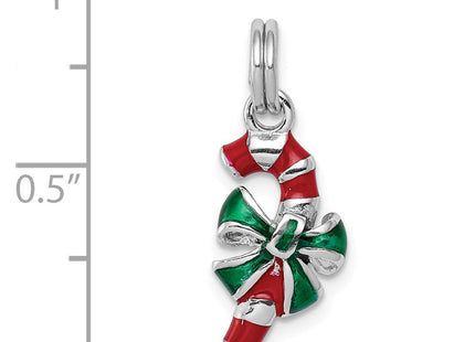 Sterling Silver Rhodium-platedEnamel Candy Cane Charm (Style QC6074)