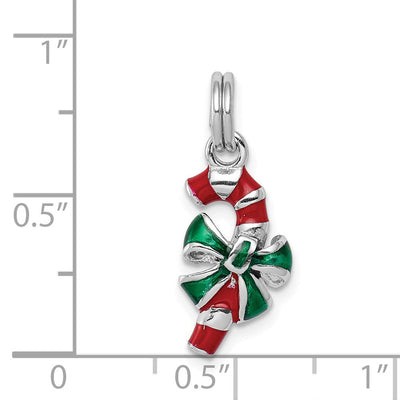 Sterling Silver Rhodium-platedEnamel Candy Cane Charm, 22 x 8mm