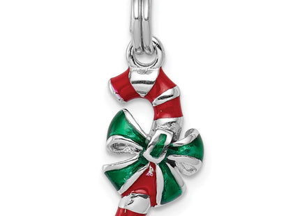 Sterling Silver Rhodium-platedEnamel Candy Cane Charm (Style QC6074)