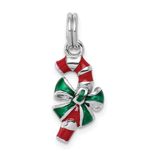 Sterling Silver Rhodium-platedEnamel Candy Cane Charm (Style QC6074)