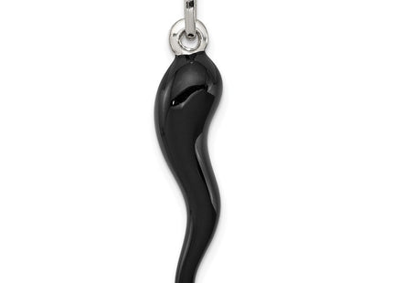 Sterling Silver Black Enamel Italian Horn Pendant (Style QC6095)