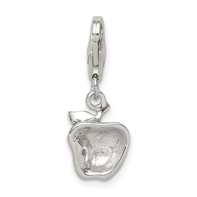 Sterling Silver Rhodium-plated CZ and Red Enameled Apple Charm