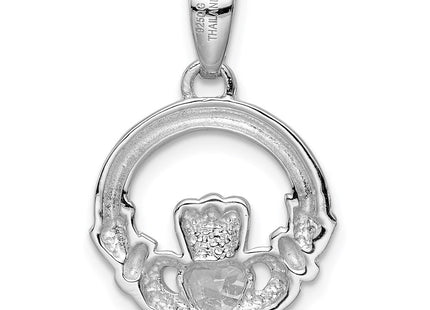 Sterling Silver Rhodium Plated CZ Claddagh Pendant