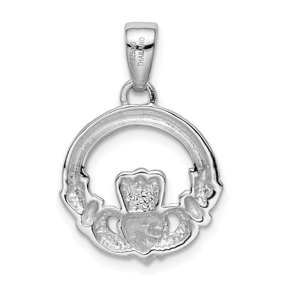 Sterling Silver Rhodium Plated CZ Claddagh Pendant, 24 x 16mm