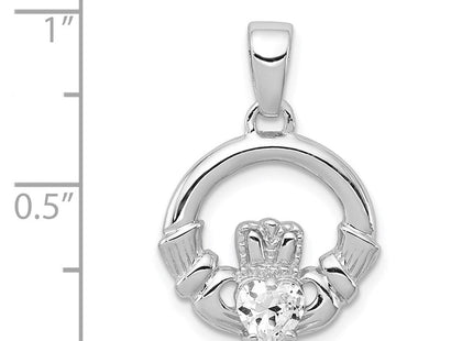 Sterling Silver Rhodium Plated CZ Claddagh Pendant