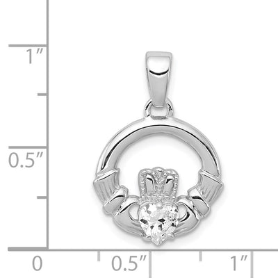 Sterling Silver Rhodium Plated CZ Claddagh Pendant, 24 x 16mm
