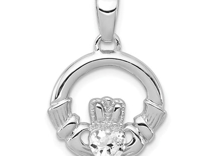 Sterling Silver Rhodium Plated CZ Claddagh Pendant