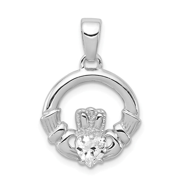Sterling Silver Rhodium Plated CZ Claddagh Pendant, 24 x 16mm