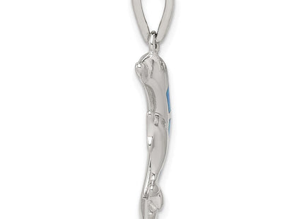 Sterling Silver Rhodium-plated Blue Inlay Created Opal Dolphin Pendant (Style QC7683)