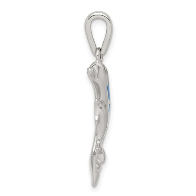 Sterling Silver Rhodium-plated Blue Inlay Created Opal Dolphin Pendant, 33 x 14mm