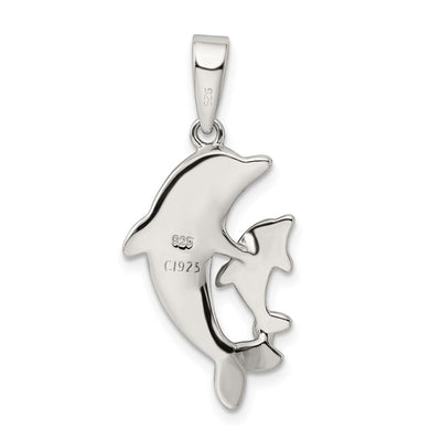 Sterling Silver Rhodium-plated Blue Inlay Created Opal Dolphin Pendant, 33 x 14mm