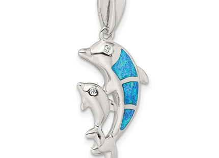 Sterling Silver Rhodium-plated Blue Inlay Created Opal Dolphin Pendant (Style QC7683)