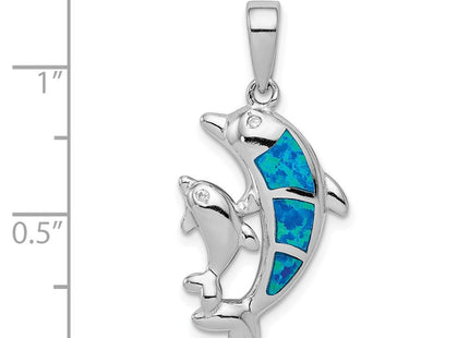 Sterling Silver Rhodium-plated Blue Inlay Created Opal Dolphin Pendant (Style QC7683)