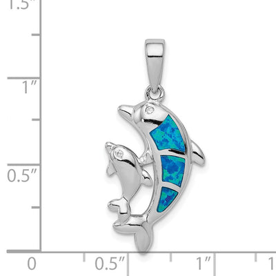 Sterling Silver Rhodium-plated Blue Inlay Created Opal Dolphin Pendant, 33 x 14mm