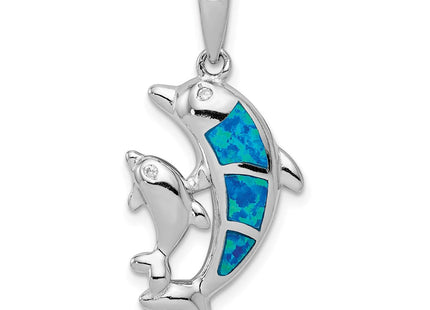 Sterling Silver Rhodium-plated Blue Inlay Created Opal Dolphin Pendant (Style QC7683)