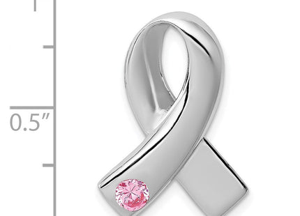 Sterling Silver Rhodium-plated Pink CZ Awareness Ribbon Pendant (Style QC8569)