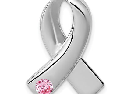 Sterling Silver Rhodium-plated Pink CZ Awareness Ribbon Pendant (Style QC8569)