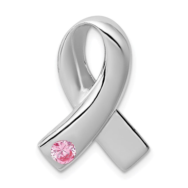 Sterling Silver Rhodium-plated Pink CZ Awareness Ribbon Pendant, 23 x 16mm