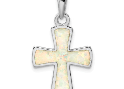 Sterling Silver Rhodium-plated White Lab Created Opal Cross Pendant (Style QC9036)