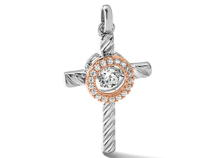 Sterling Silver Plat-plate Rose & Gold-tone Vibrant CZ Cross Pendant