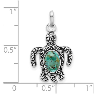 Sterling Silver Rhodium-plated Antiqued Reconstituted Turquoise Turtle Pendant