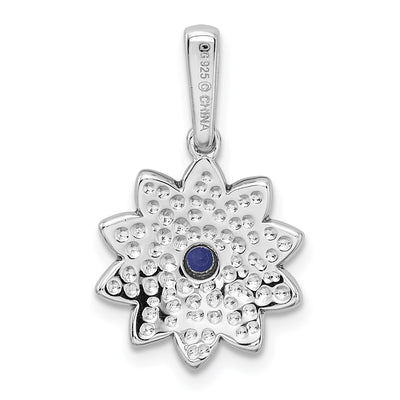 Sterling Silver Rhod-pltd Created Sapphire and Enamel Flower Pendant