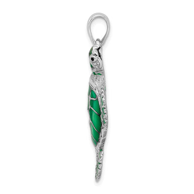 De-Ani Sterling Silver Rhodium-Plated Polished Enameled Green Sea Turtle Pendant, 37 x 30mm