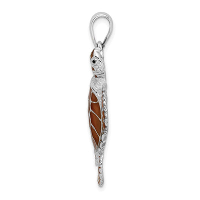 De-Ani Sterling Silver Rhodium-plated Polished Enameled Brown Sea Turtle Pendant