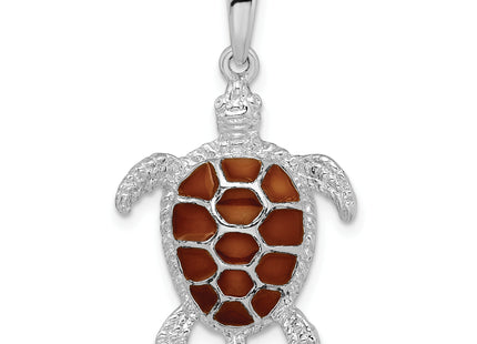De-Ani Sterling Silver Rhodium-plated Polished Enameled Brown Sea Turtle Pendant