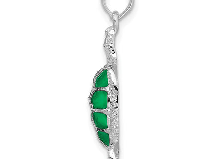 De-Ani Sterling Silver Rhodium-Plated Polished Enameled Green Sea Turtle Pendant (Style QC9780)