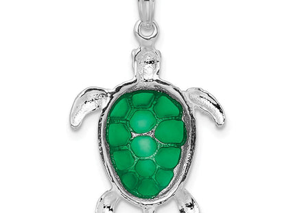 De-Ani Sterling Silver Rhodium-Plated Polished Enameled Green Sea Turtle Pendant (Style QC9780)