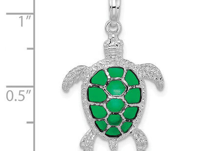 De-Ani Sterling Silver Rhodium-Plated Polished Enameled Green Sea Turtle Pendant (Style QC9780)