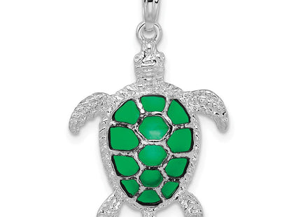 De-Ani Sterling Silver Rhodium-Plated Polished Enameled Green Sea Turtle Pendant (Style QC9780)