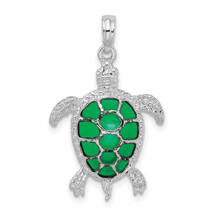 De-Ani Sterling Silver Rhodium-Plated Polished Enameled Green Sea Turtle Pendant (Style QC9780)