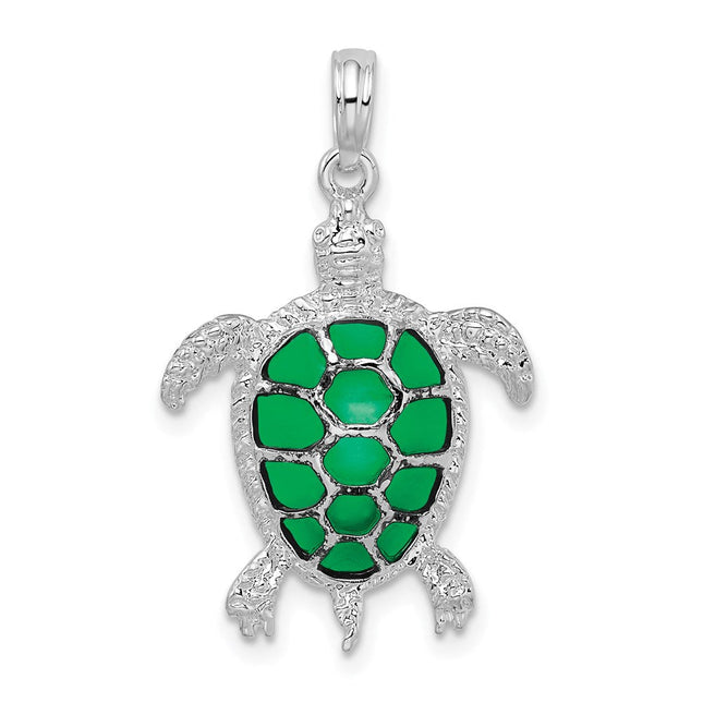 De-Ani Sterling Silver Rhodium-Plated Polished Enameled Green Sea Turtle Pendant, 29 x 18mm
