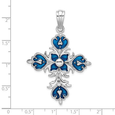 De-Ani Sterling Silver Rhodium-Plated Polished Enameled Fleur de Lis Cross Pendant