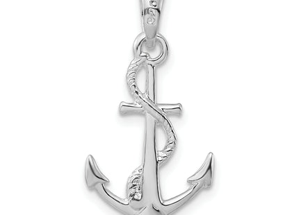 De-Ani Sterling Silver Rhodium-Plated Polished and Textured 3D Anchor with Rope Pendant