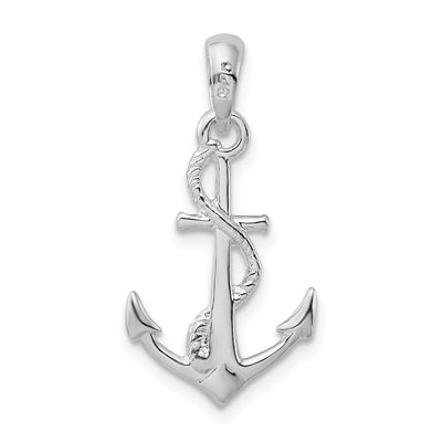 De-Ani Sterling Silver Rhodium-Plated Polished and Textured 3D Anchor with Rope Pendant