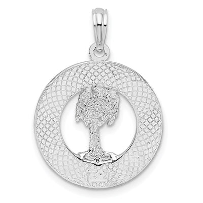 De-Ani Sterling Silver Rhodium-Plated Textured Siesta Key Florida with Palm Tree Pendant