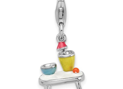 Amore La Vita Sterling Silver Rhodium-plated Polished 3-D Enameled Table and Bowls Charm with Fancy Lobster Clasp